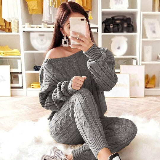 Ensemble pantalon en tricot à épaules tombantes Plus Size