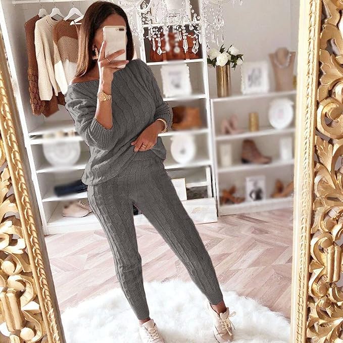 Ensemble pantalon en tricot à épaules tombantes Plus Size