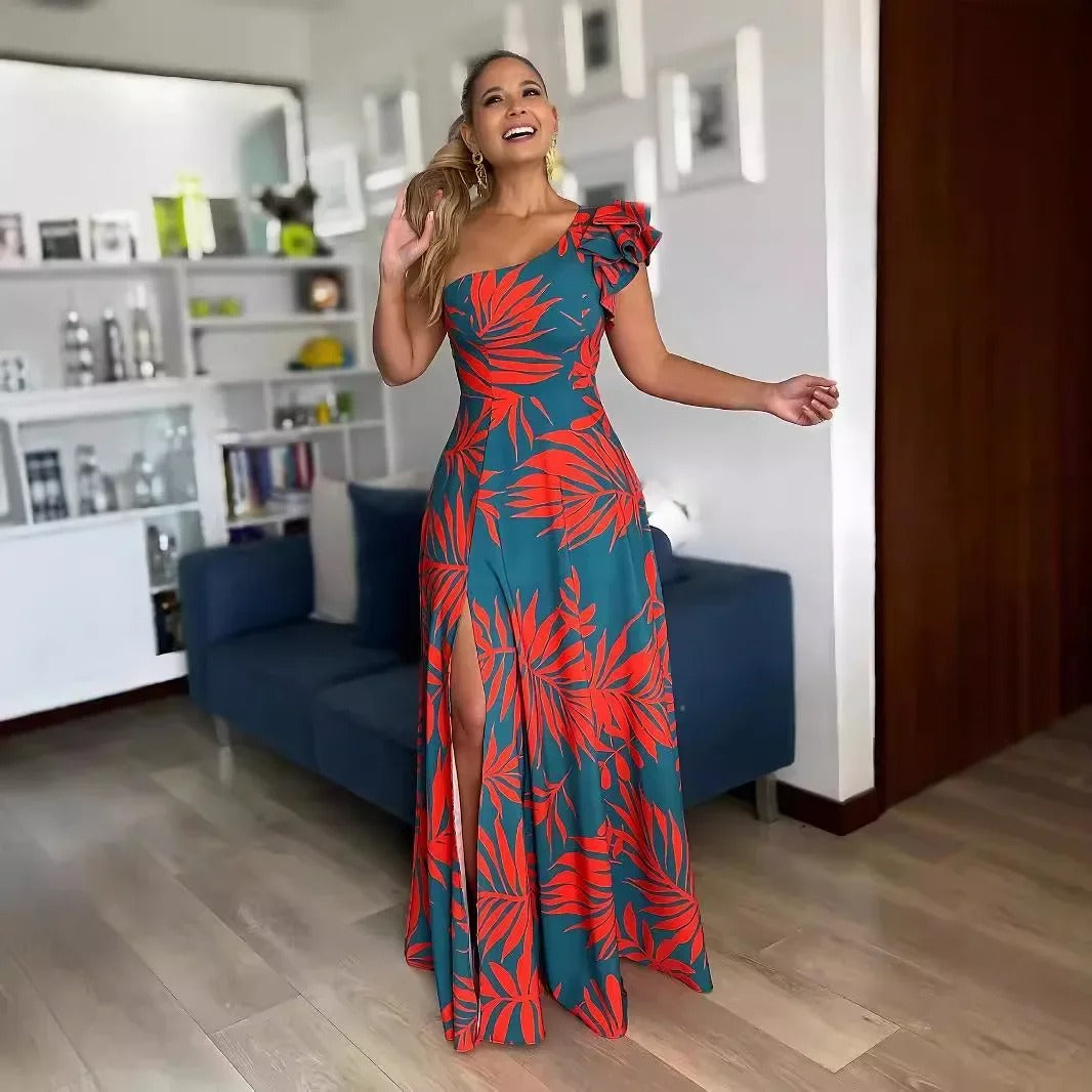 Robe longue asymétrique à imprimé tropical