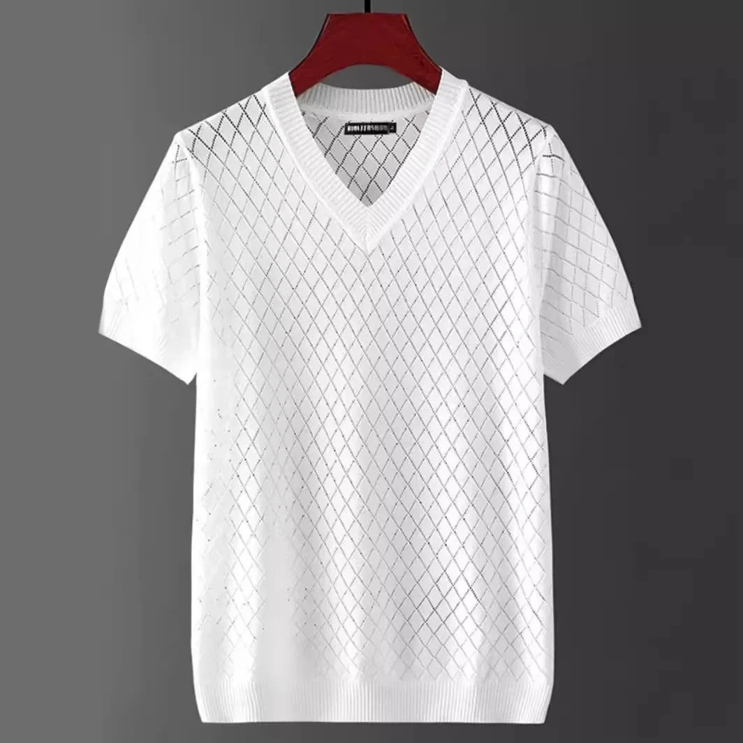T-shirt à col en V en soie glacée pour homme