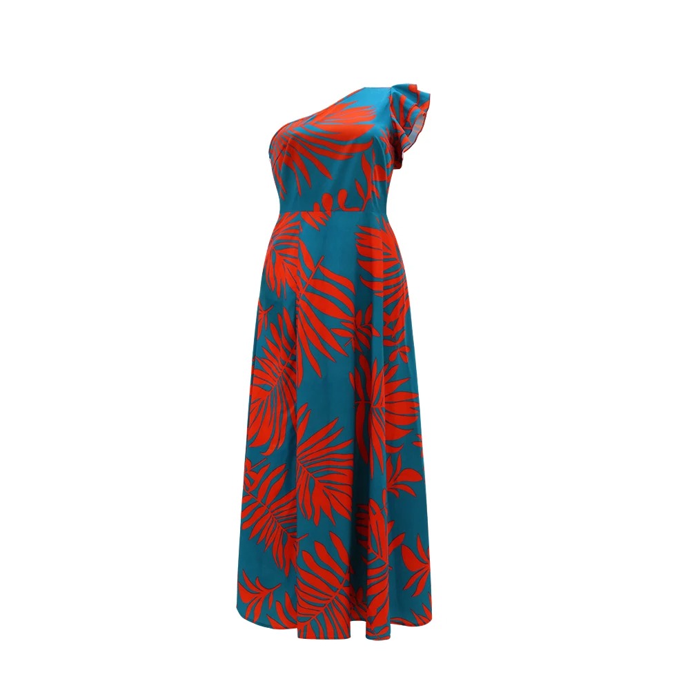 Robe longue asymétrique à imprimé tropical