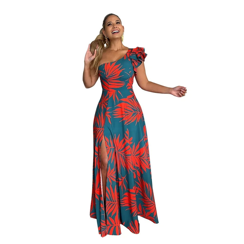 Robe longue asymétrique à imprimé tropical