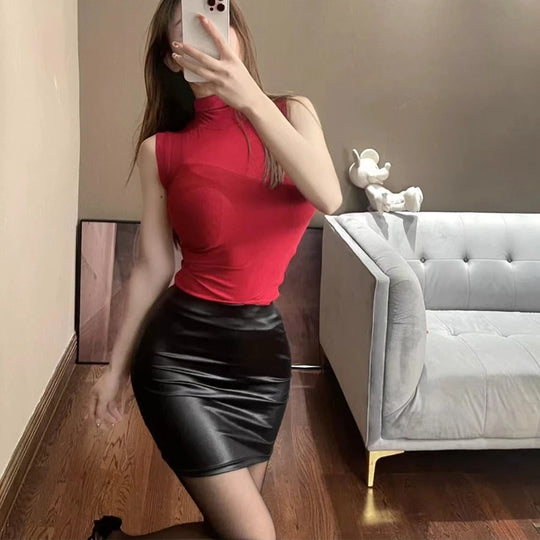 Jupe taille haute en cuir mat pour femme