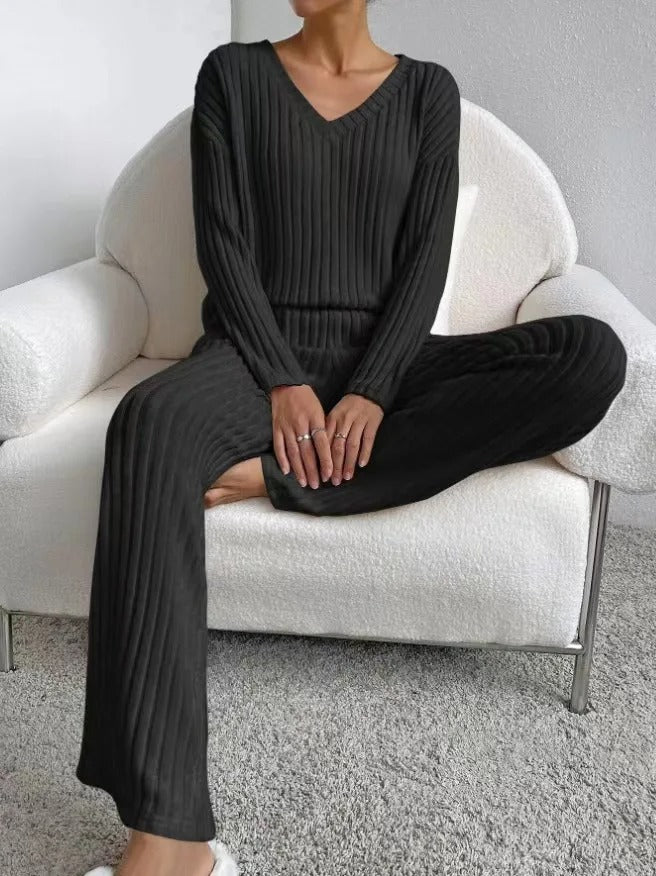 Ensemble d'hiver douillet en tricot à col en V pour femmes