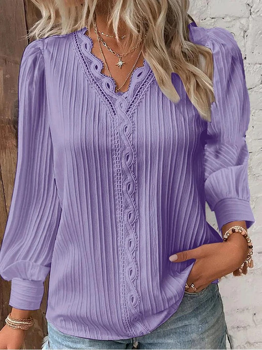 Chemise à col en V cousue en dentelle pour femmes