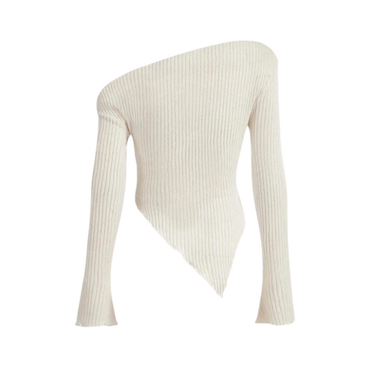 Pull décontracté côtelé à col asymétrique