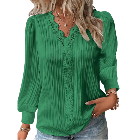 Chemise à col en V cousue en dentelle pour femmes