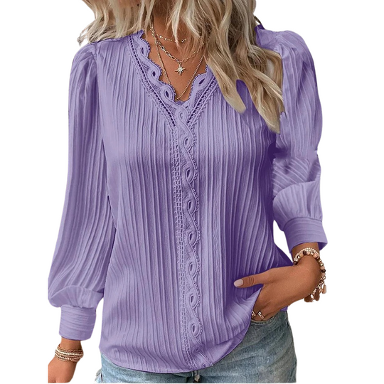Chemise à col en V cousue en dentelle pour femmes