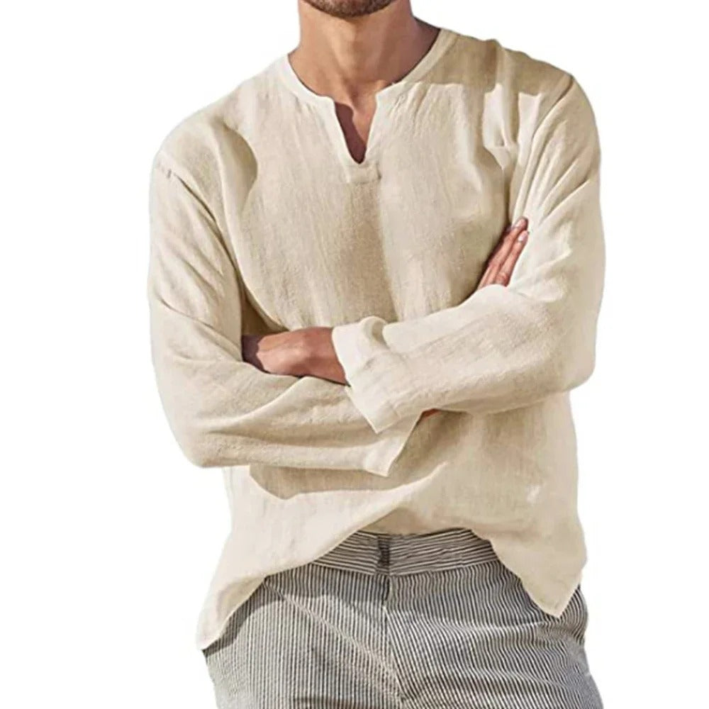 Chemise en coton et lin à col en V pour homme
