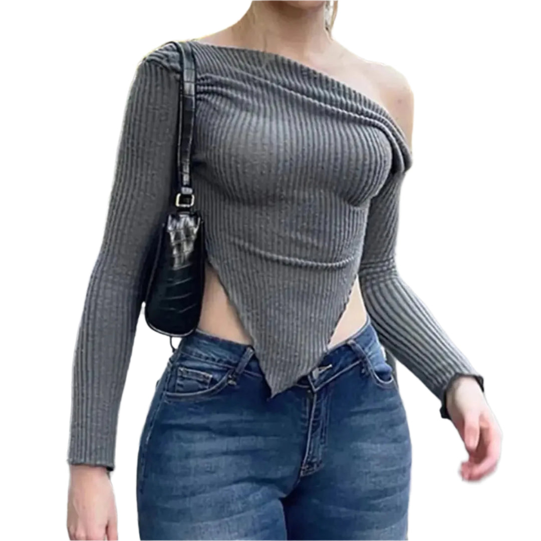 Pull décontracté côtelé à col asymétrique