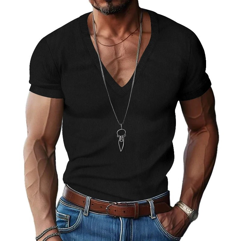 T-shirt à col en V en velours côtelé pour homme