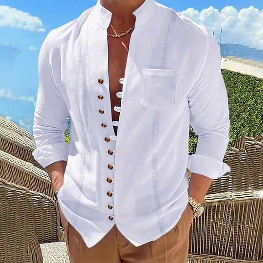 Chemise en coton et lin à col montant pour homme