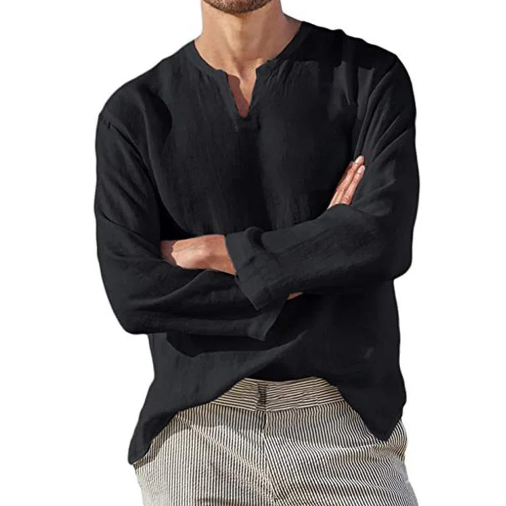 Chemise en coton et lin à col en V pour homme