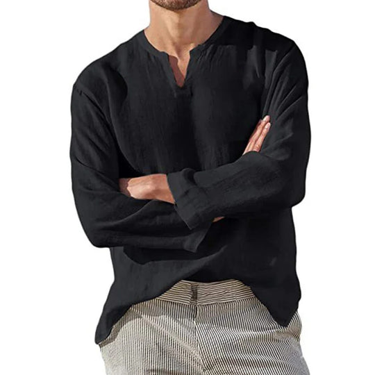 Chemise en coton et lin à col en V pour homme