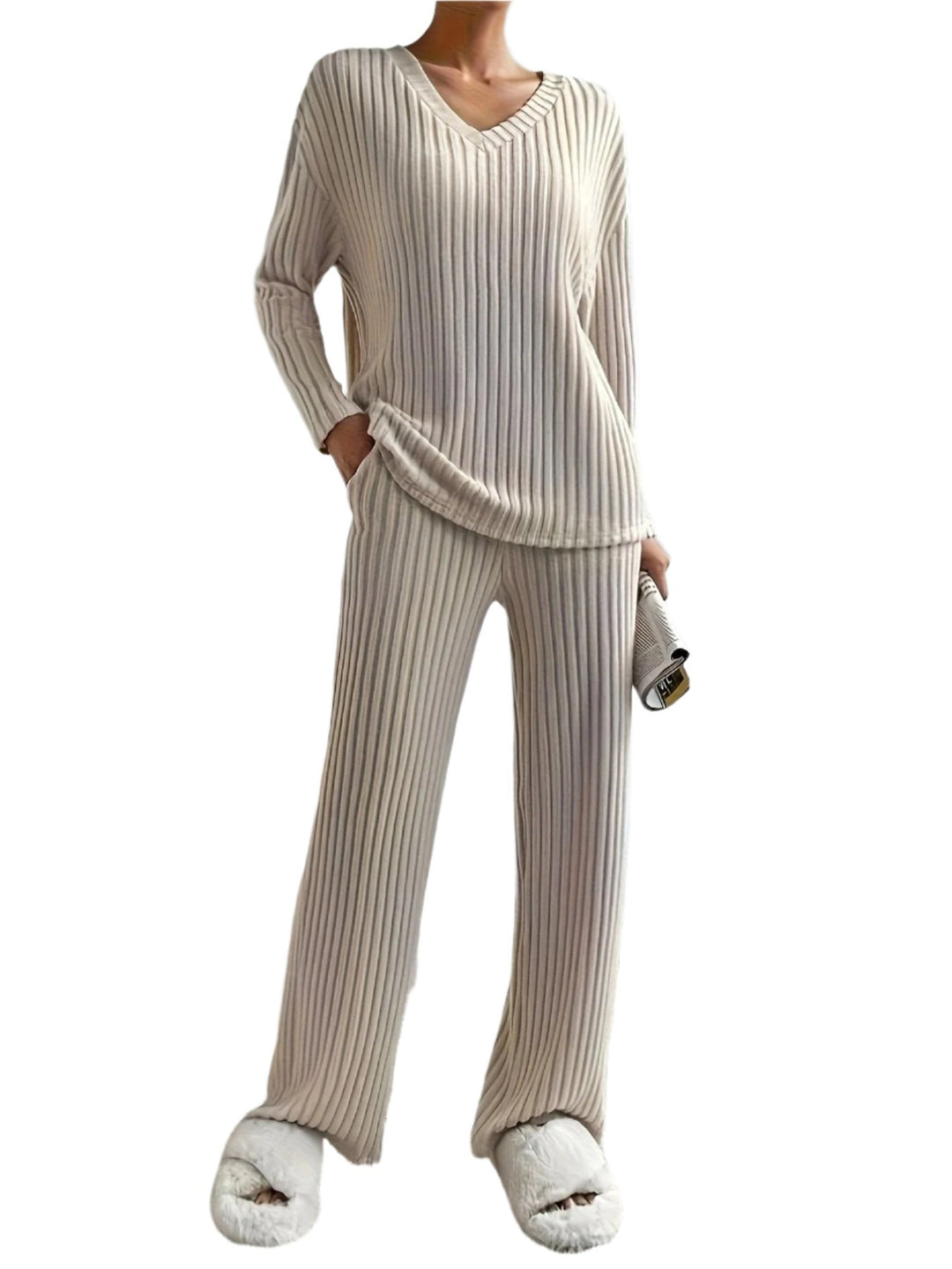 Ensemble d'hiver douillet en tricot à col en V pour femmes