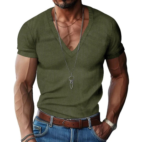 T-shirt à col en V en velours côtelé pour homme