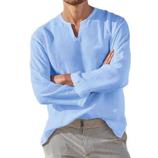 Chemise en coton et lin à col en V pour homme