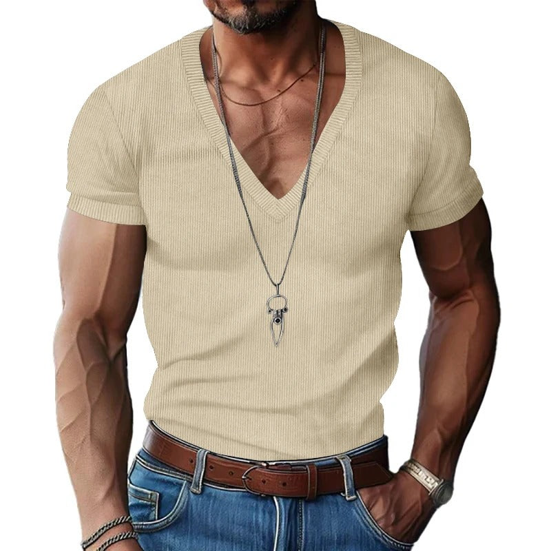 T-shirt à col en V en velours côtelé pour homme