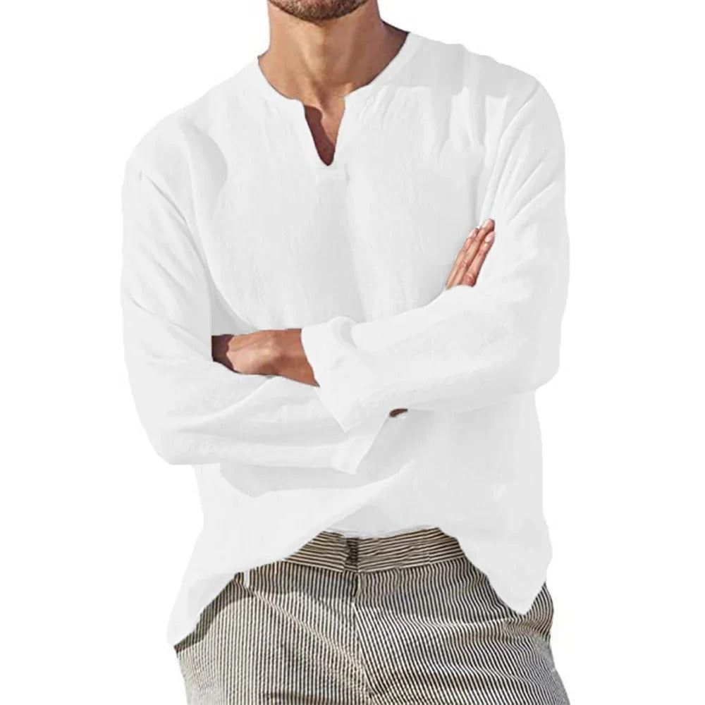 Chemise en coton et lin à col en V pour homme