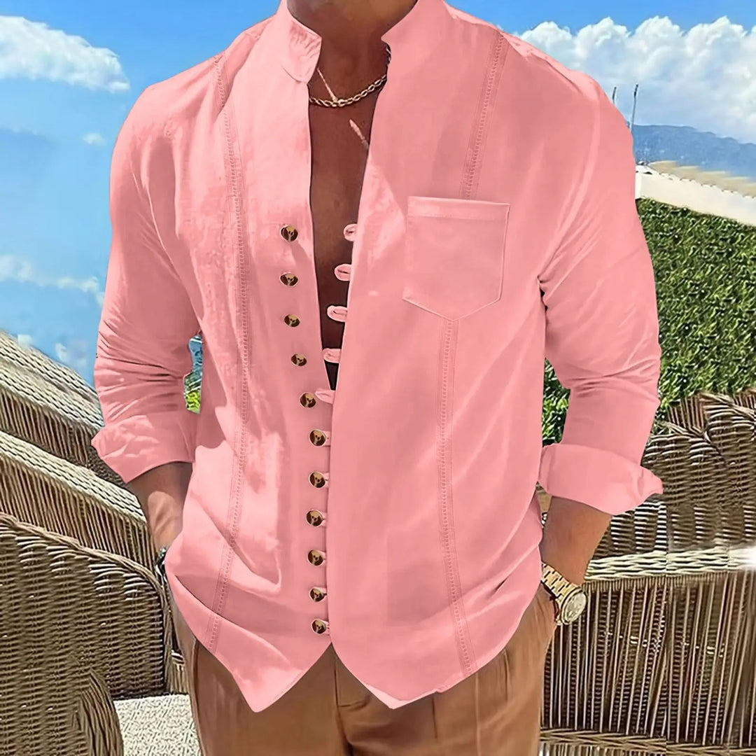 Chemise en coton et lin à col montant pour homme