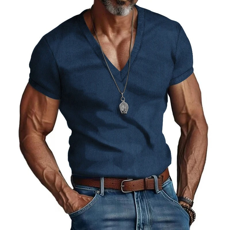 T-shirt à col en V en velours côtelé pour homme