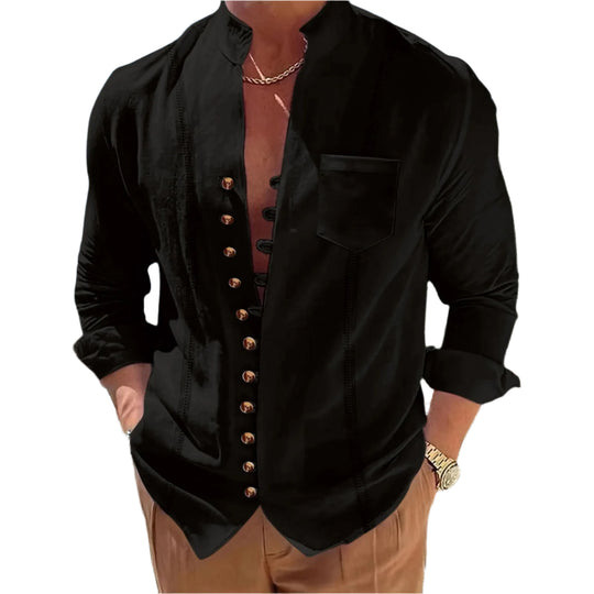 Chemise en coton et lin à col montant pour homme