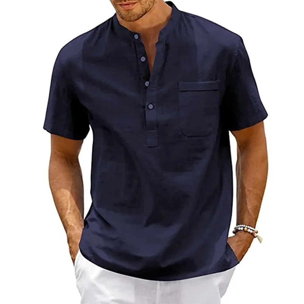 Chemise Henley en coton et lin pour homme