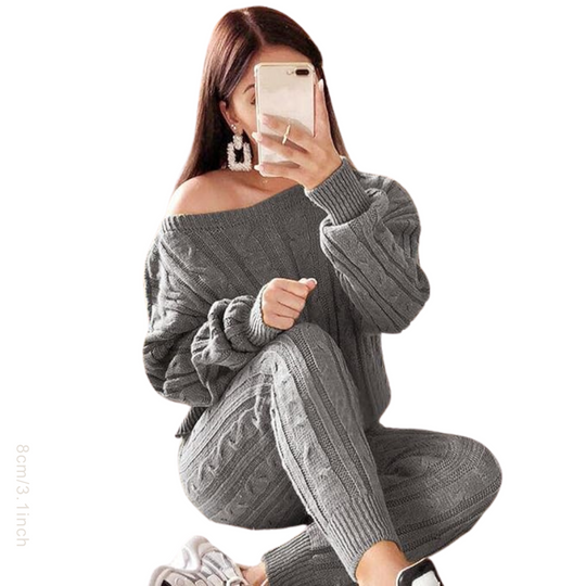 Ensemble pantalon en tricot à épaules tombantes Plus Size